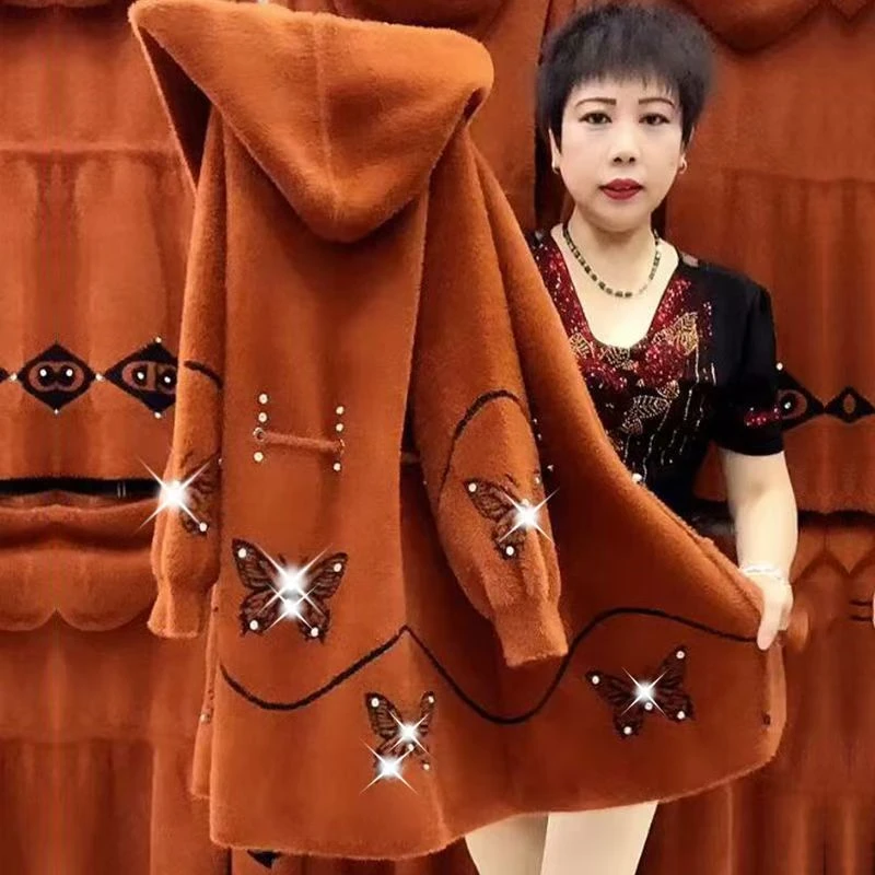 水貂绒妈妈装毛衣外套女秋冬加厚中长款外搭大衣中老年人针织开衫