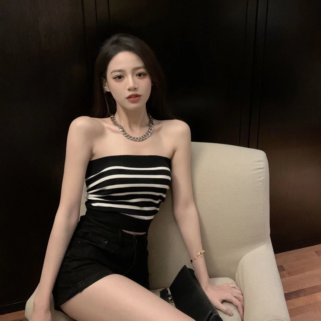 百搭条纹网红辣妹上衣女内搭背心防走光针织薄款外穿抹胸吊带夏季