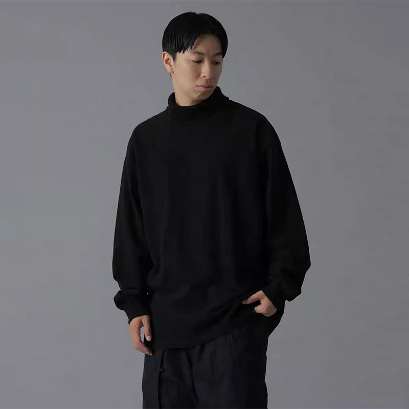 潮牌日系休闲宽松纯色纯棉红绳高领打底衫300g重磅长袖T恤男女