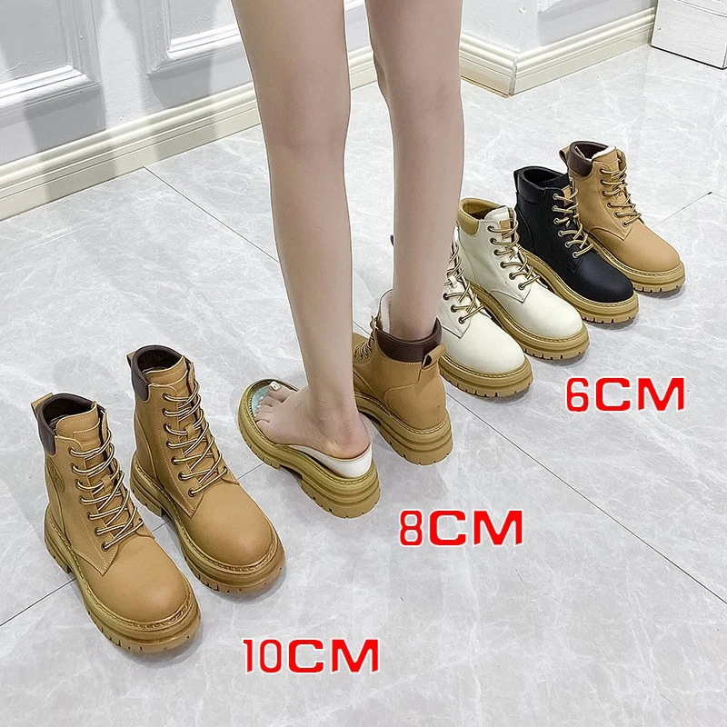 张匠人小个子8-10CM大黄靴马丁靴隐形内女鞋真皮厚底百搭高帮百搭
