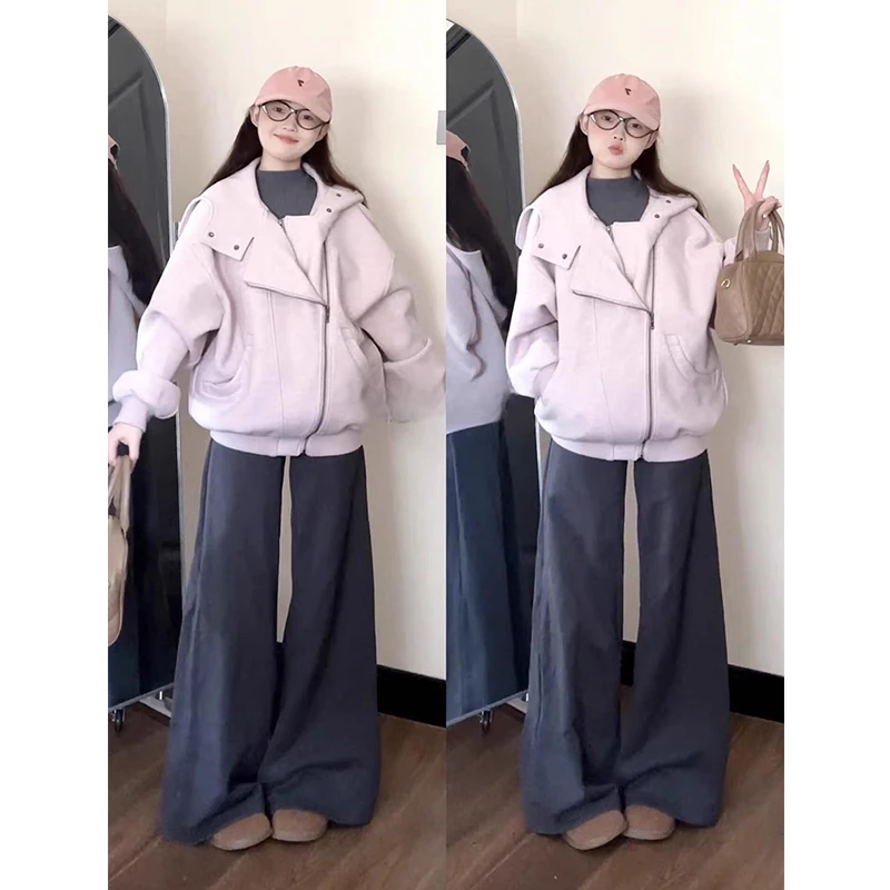 美式高街不规则拉链粉色连帽卫衣女宽松设计感小众加绒加厚外套冬