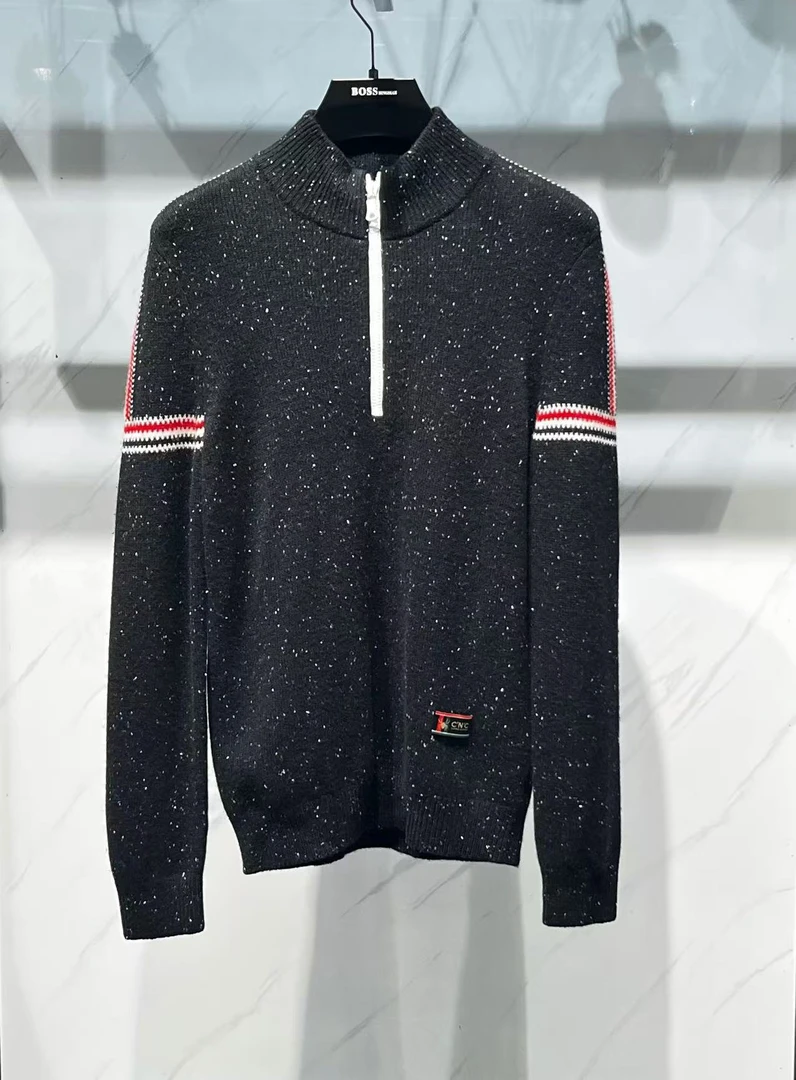 CNC男士针织毛衣纯色半高领拉链短款修身开衫