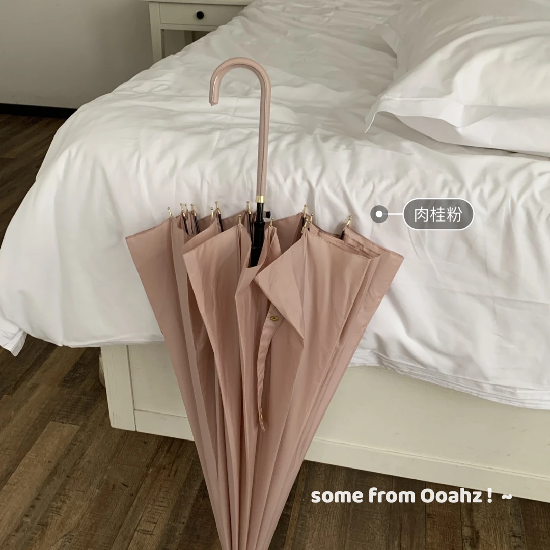 咸肉桂粉~适合拍照的长柄伞 大号16骨纯色雨伞男女皮柄婚庆伞防风