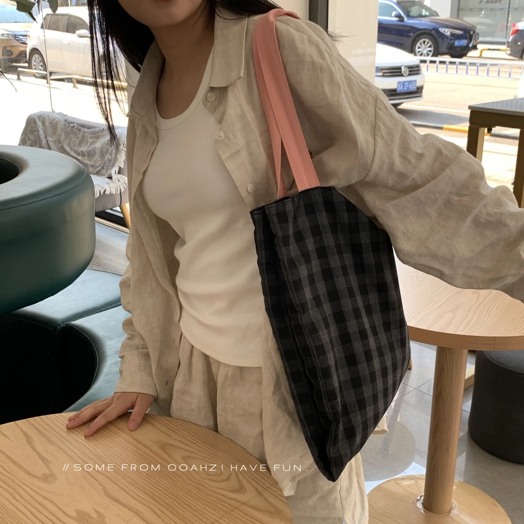 两室一厅~韩国春夏格子布包 单肩加厚帆布袋包包百搭手提双层包袋