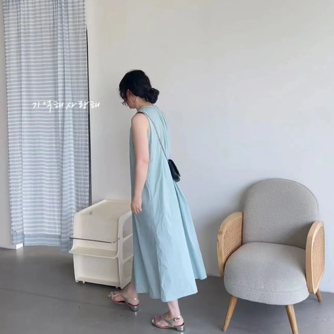 [哈尼家]海盐特调  韩系简约 水蓝色无袖连衣长裙