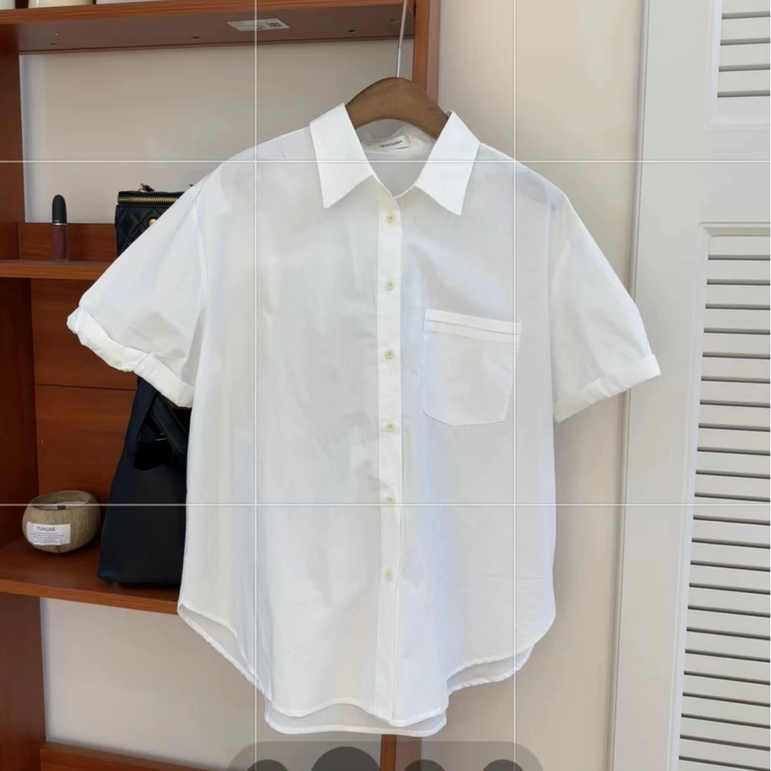 [哈尼家2]韩系纯色卷边袖口短袖衬衫外套女Y23