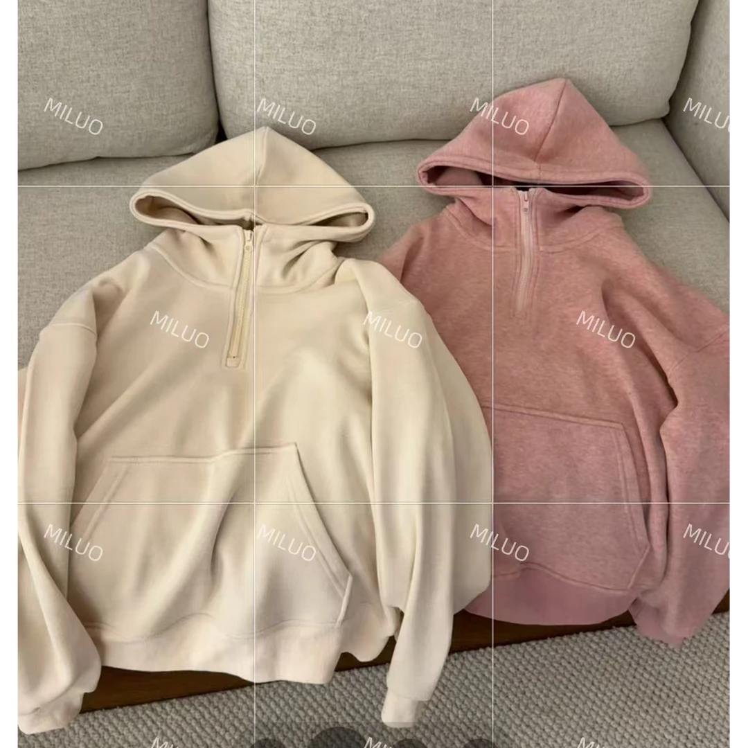 【哈尼家2】暖宝糯叽叽 冬款韩系宽松简约纯色套头连帽加绒卫衣T62