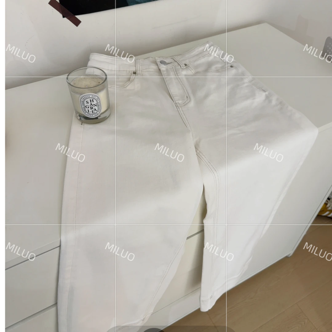 【哈尼家2】千层白巧 长款直筒牛仔裤女白色牛仔长裤百搭休闲K26