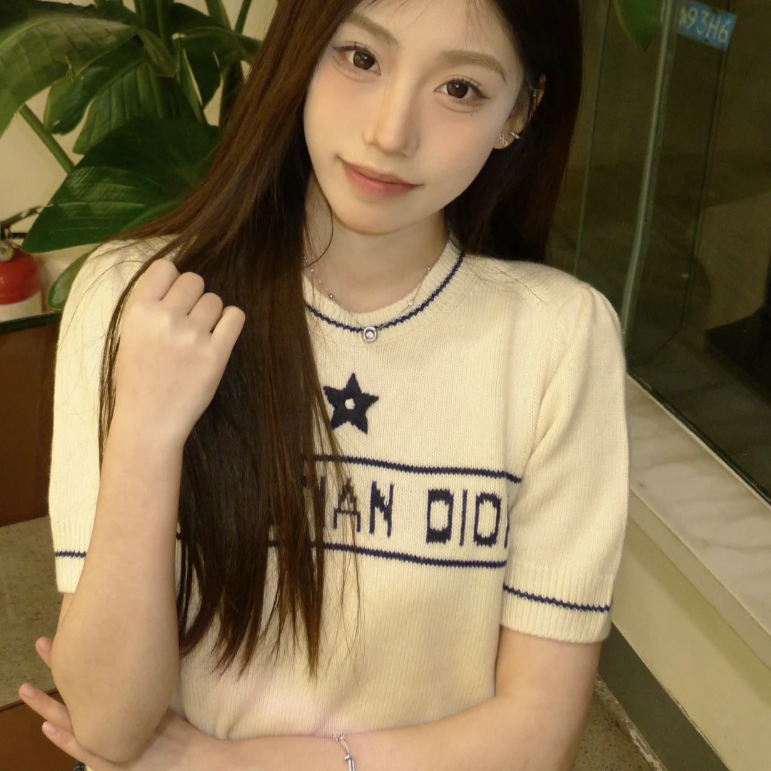 99新 DIOR/迪奥 米白色五芒星针织短袖 材质如图