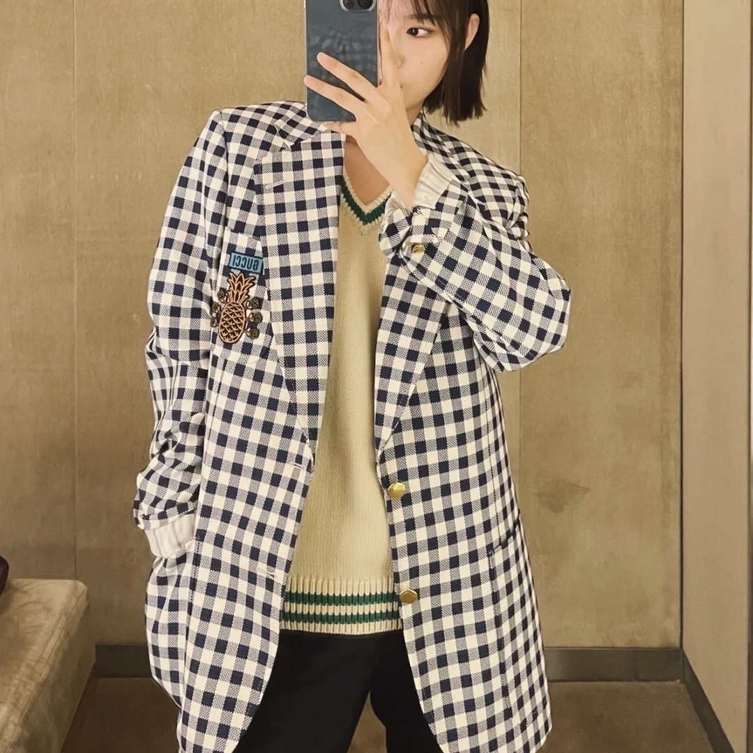99新 GUCCI/古驰 白蓝棋盘格菠萝西服