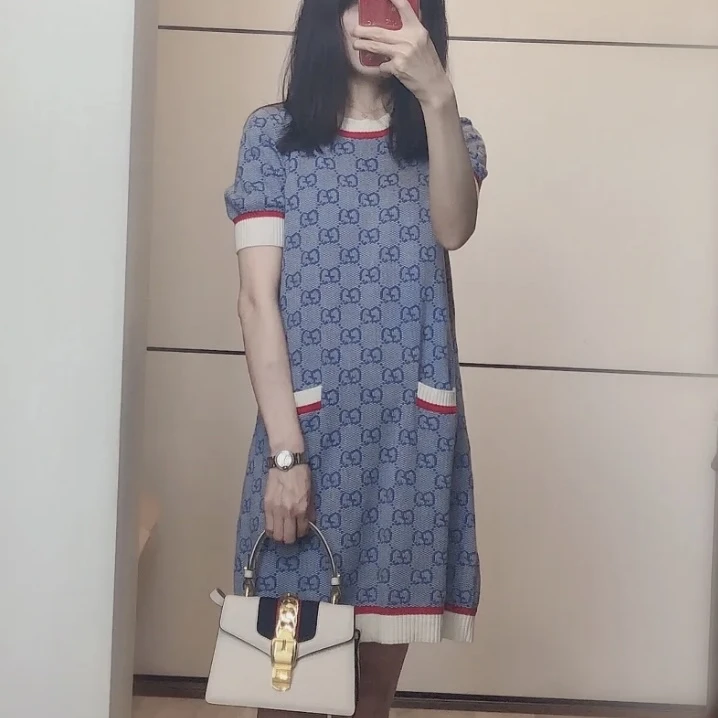 99新 GUCCI/古驰 蓝色满logo连衣裙 公价10700 XS码