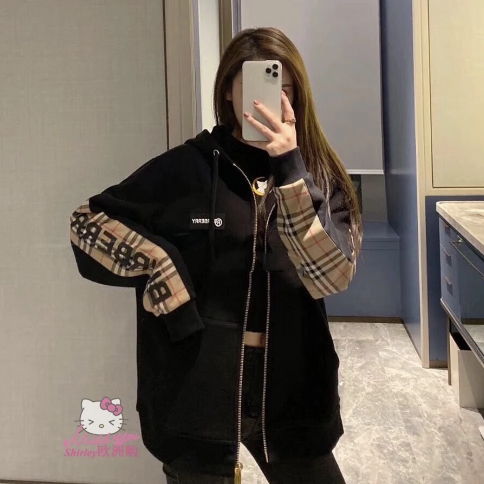 99新 BURBERRY/博柏利 Burberry 黑色手臂格纹拉链帽衫