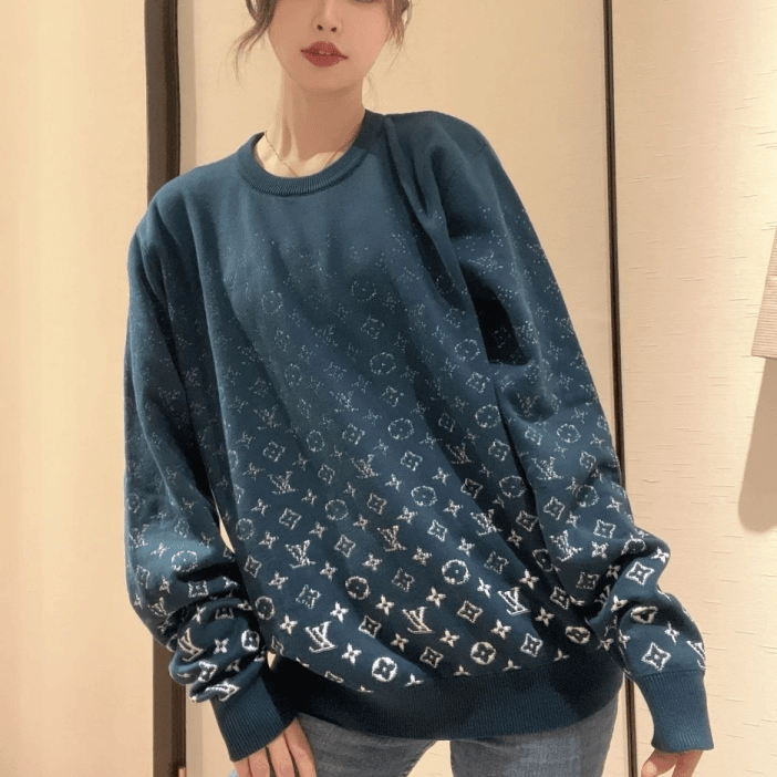99新 LouisVuitton/路易威登  蓝绿渐变满logo针织卫衣 M码