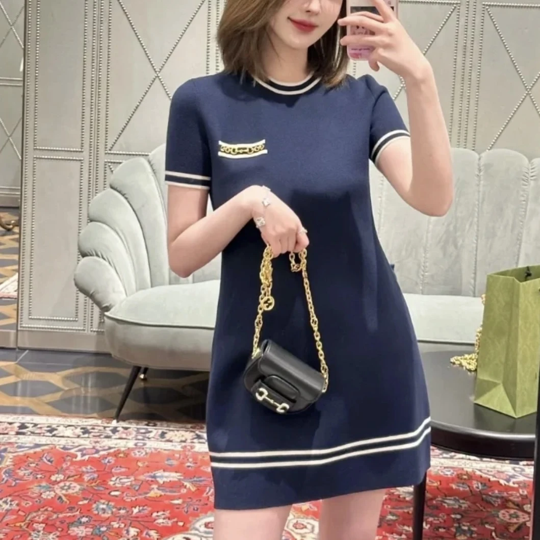 99新 GUCCI/古驰  蓝色口袋链条连衣裙