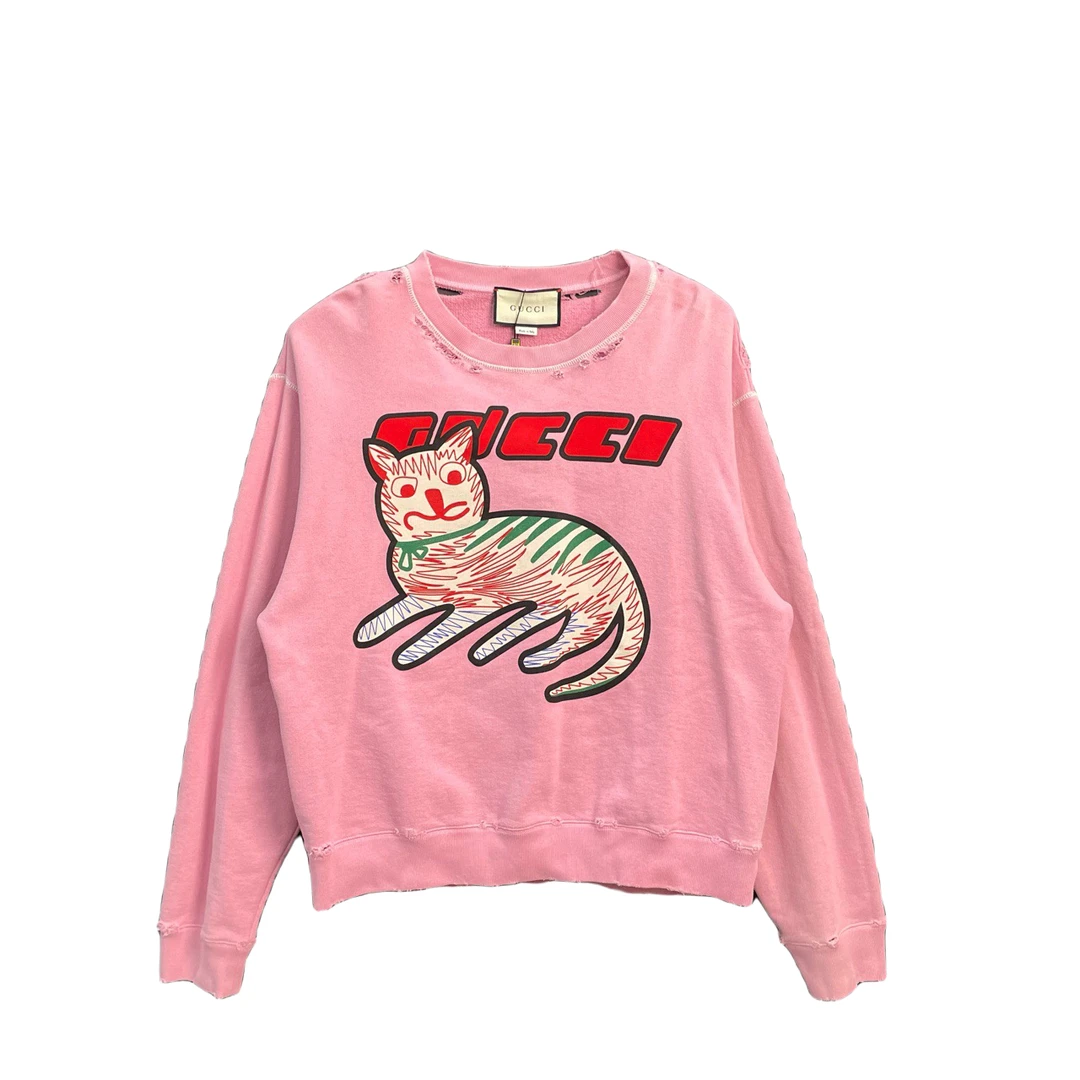 99新 GUCCI/古驰 粉色新款破坏小猫卫衣 公价8500 S码