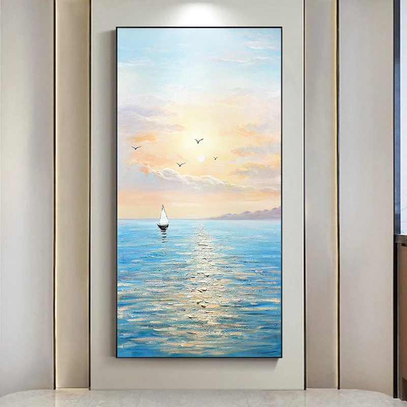 东江源手绘油画玄关装饰画现代简约轻奢日出海浪风景挂画竖版