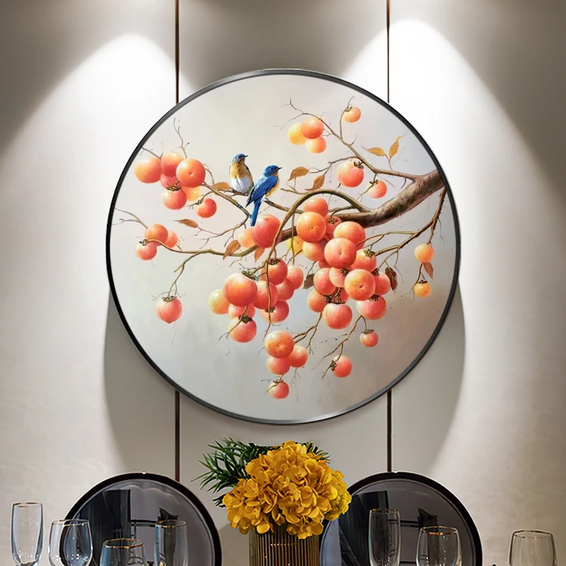手绘油画玄关装饰画新中式圆形挂画柿子画事事如意壁画客厅餐厅画