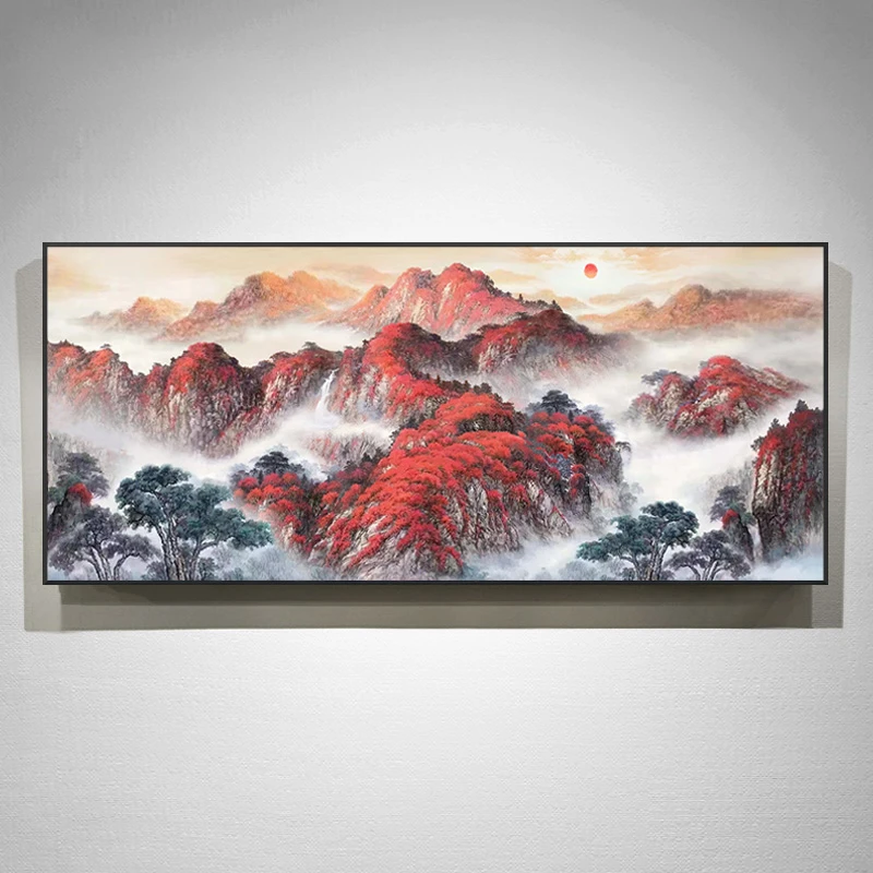 手绘油画山水画新中式装饰画客厅沙发背景墙风景画鸿运当头壁画