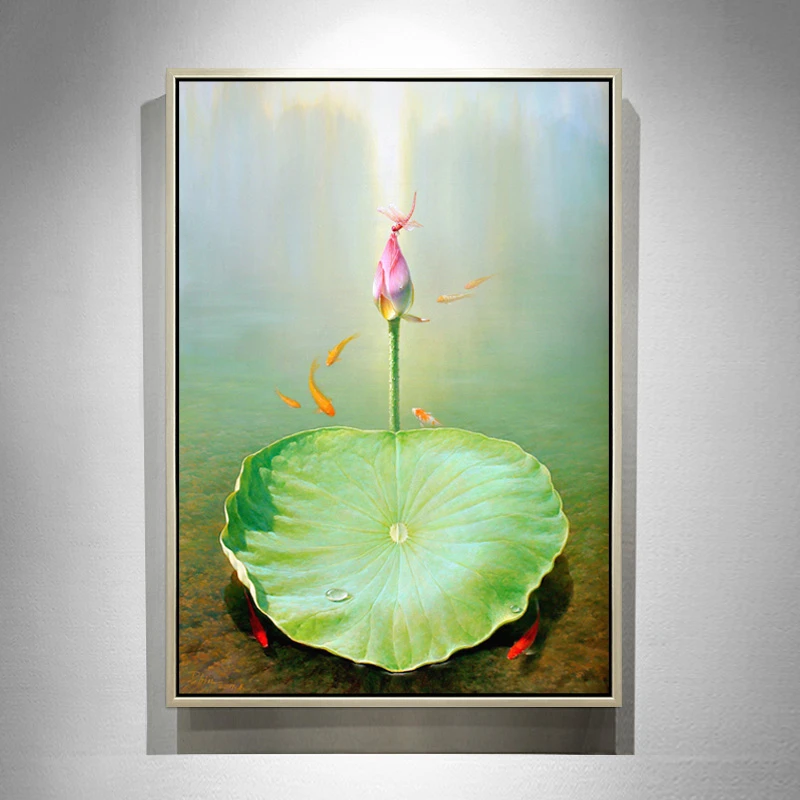 荷花鱼手绘油画挂画客厅装饰画新中式竖版玄关走廊壁画成品画餐厅