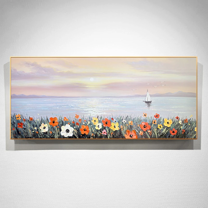 手绘油画客厅装饰画沙发背景墙挂画现代简约轻奢奶油风《碧海霞天》