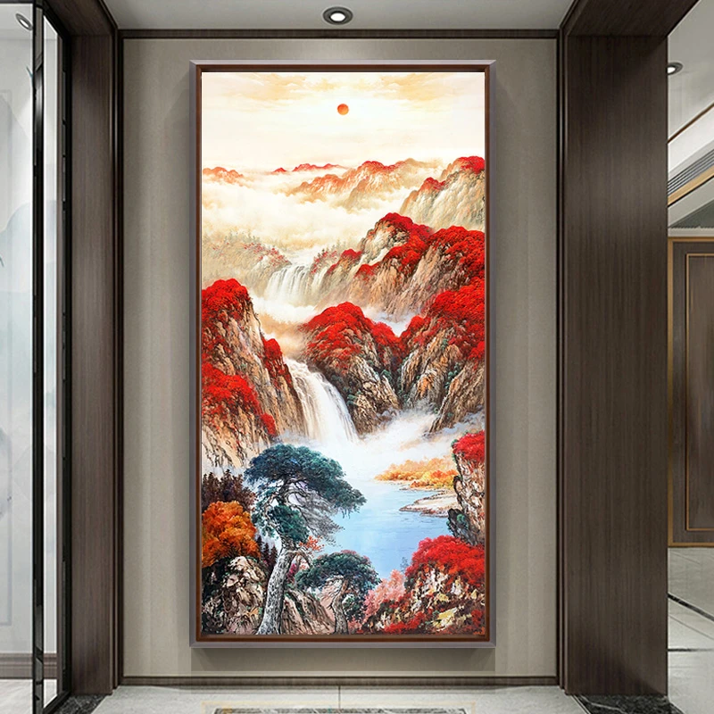 手绘油画山水画玄关画新中式装饰画客厅挂画鸿运当头风景画