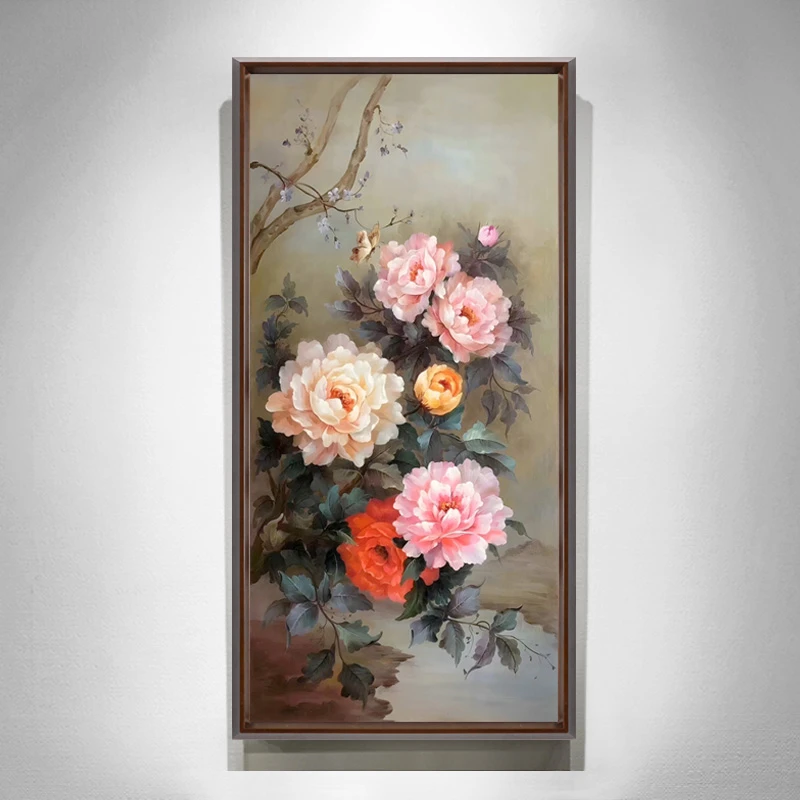 东江源手绘油画入户玄关画装饰画古典新中式挂画牡丹花竖版