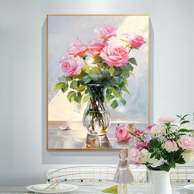 手绘油画玄关装饰画花卉玫瑰花挂画餐厅卧室房间轻奢奶油风高级感