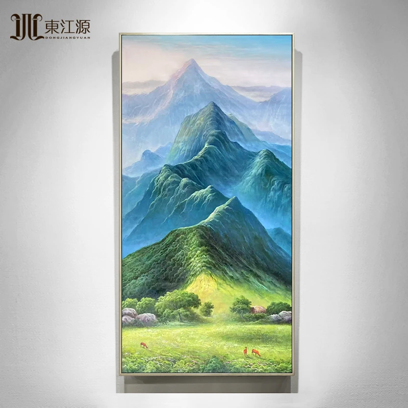 手绘油画巨人山入户玄关装饰画竖版现代轻奢风景挂画走廊过道壁画