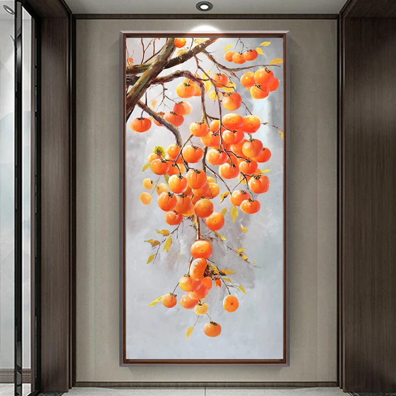 手绘油画入户玄关装饰画走廊过道壁画现代新中式挂画事事如意柿子