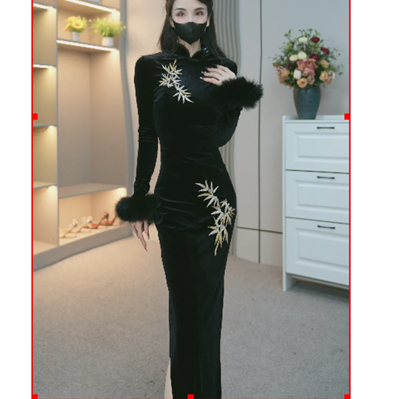 复古风2024冬季新款新中式高级感超气质毛毛袖旗袍裙9301