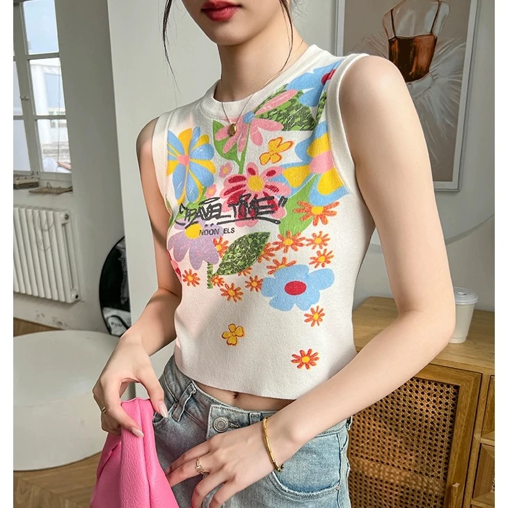 夏季短款无袖印花背心T恤小众国潮设计感显瘦时尚修身ins小上衣女