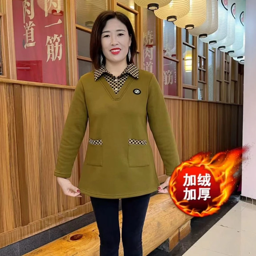秋冬加绒加厚显瘦中长款冬季时尚假两件拼接百搭保暖上衣