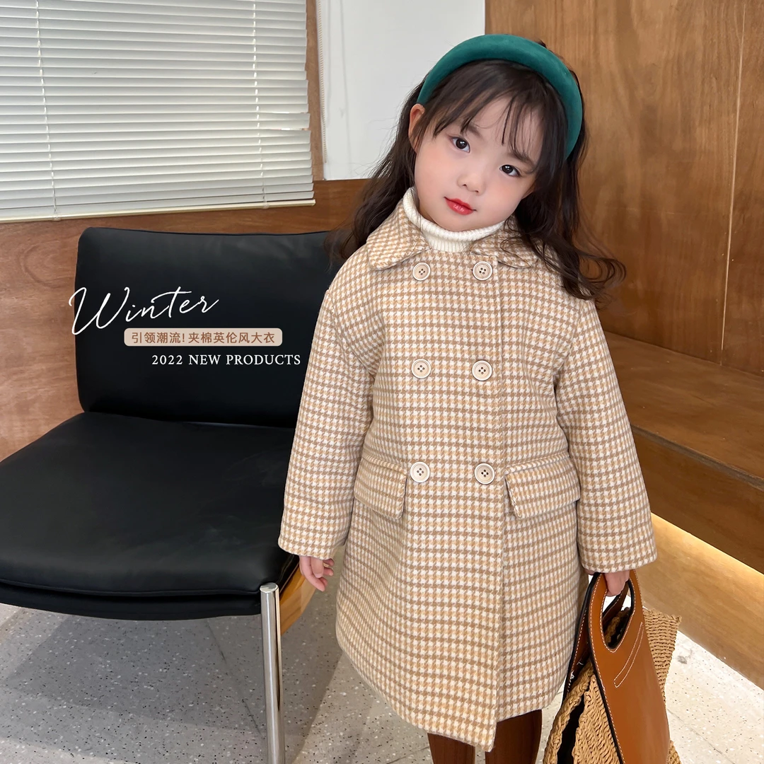 女童夹棉大衣冬季新款中长款格子加厚保暖LC4336