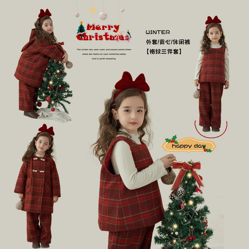 【朵拉】杨梅家女童童装格子保暖格纹加绒2023冬季新款套装LD4126