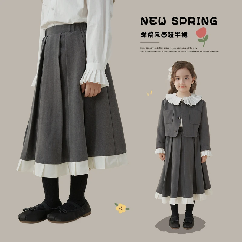 杨梅家童装春秋显瘦复古学院风西装日常气质女童半身裙DE1341