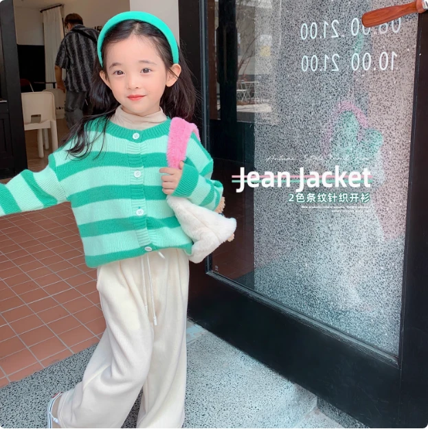 女童针织开衫时髦条纹宽松外套宝宝洋气百搭上衣YMC04192