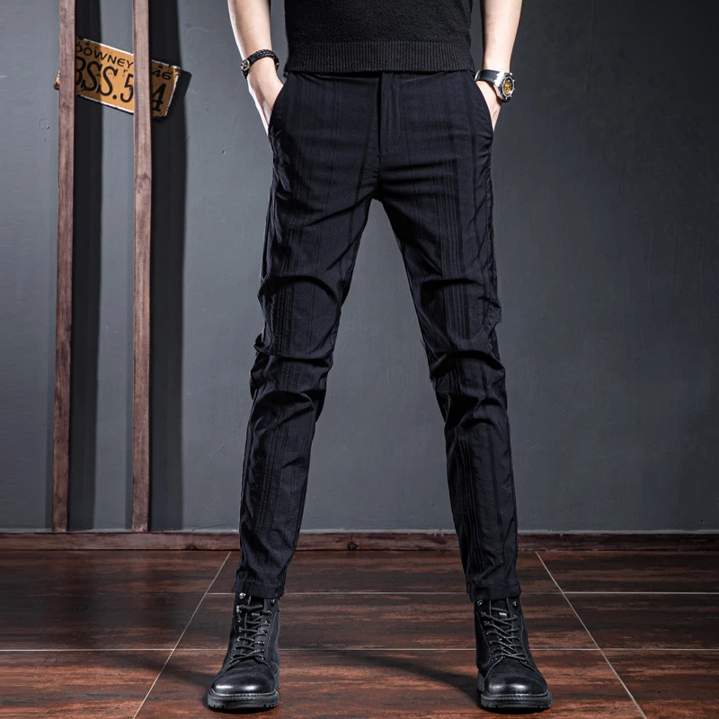 秋季男士休闲裤子男2025潮流夏季薄款条纹修身小脚生韩版原创潮牌