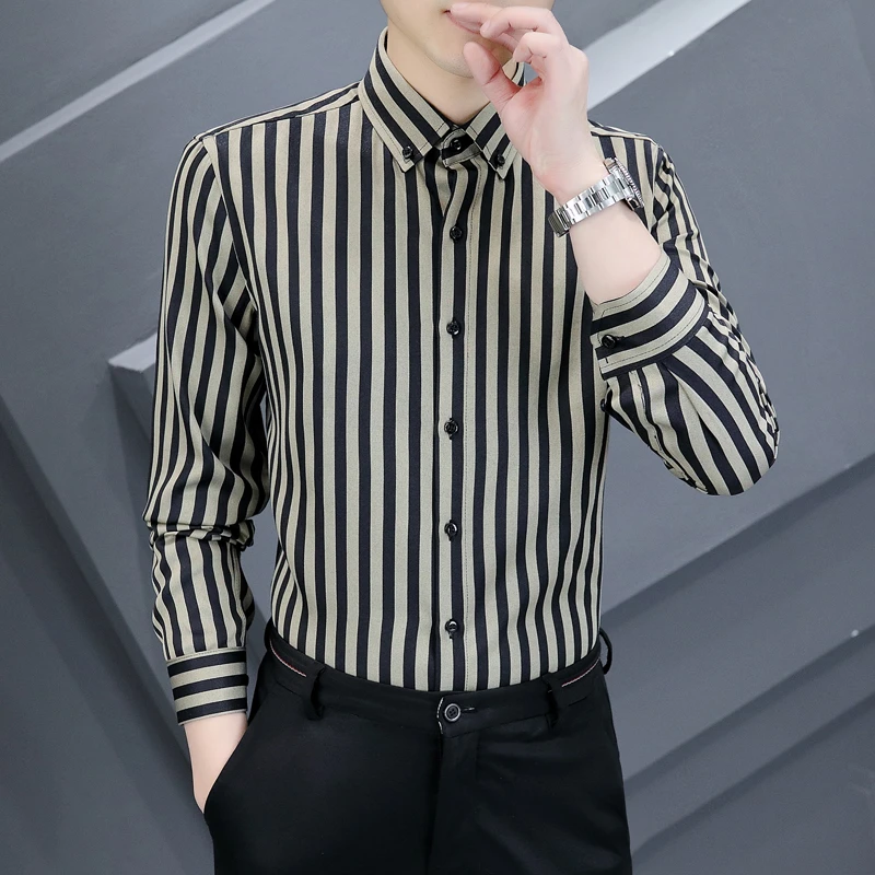 春秋季新款时尚百搭男士长袖衬衫潮流国风修身韩版条纹休闲衬衣男