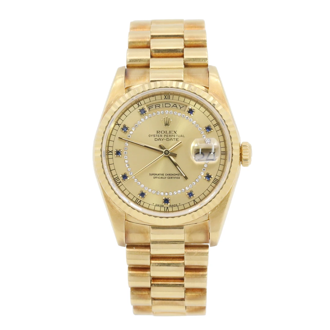 95新 Rolex/劳力士 星期日历18238/蓝宝石盘/18K黄金/36表径