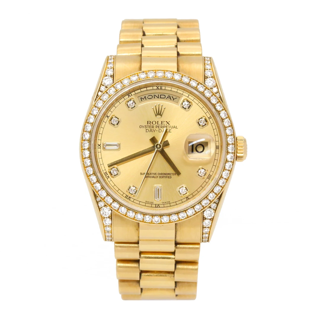 95新 Rolex/劳力士 星期日历118388/金盘钻刻/36表径男士单表乱码