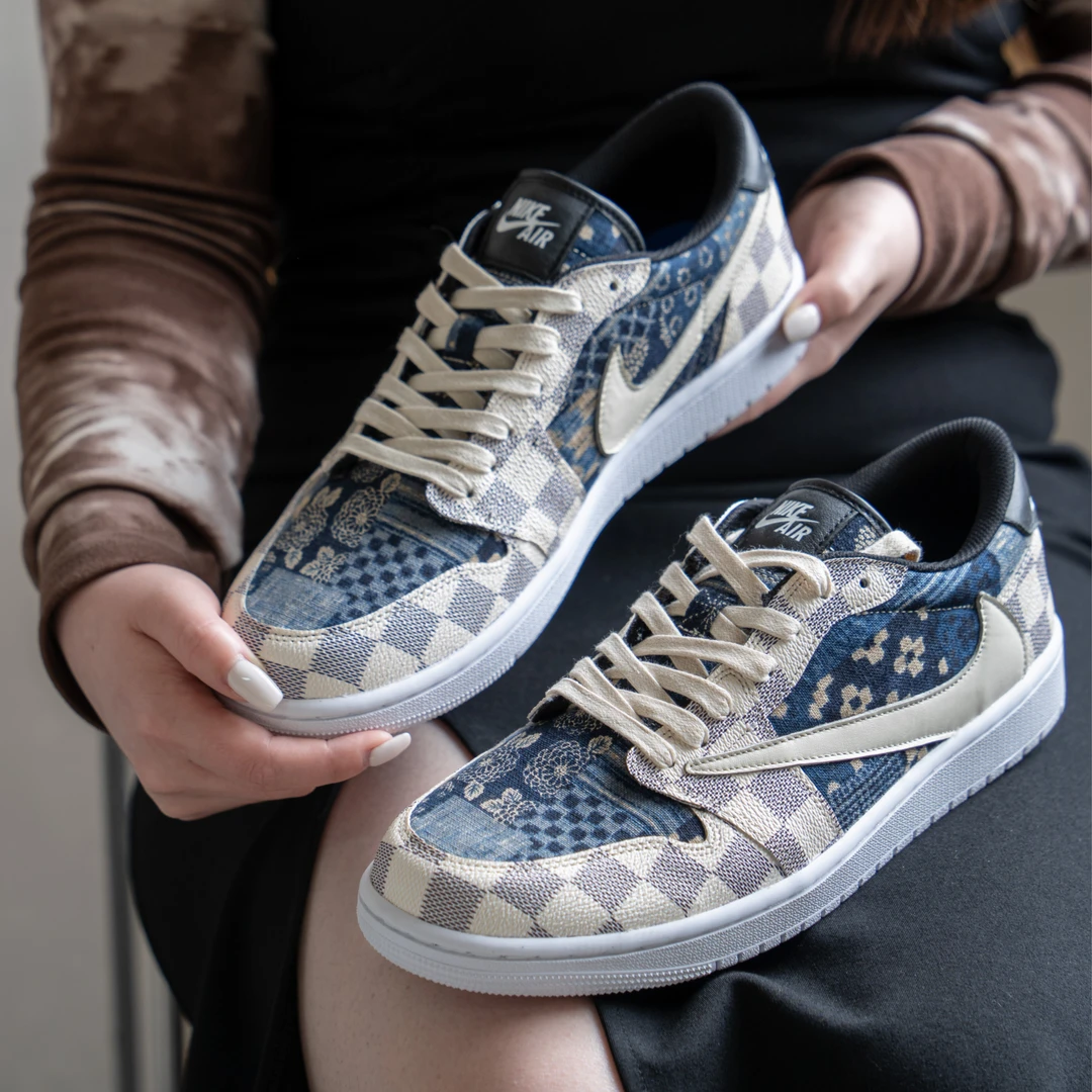 烽火/NikeAJ1low潮流蓝色复古风格纹球鞋WH001-001透气【定制球鞋】