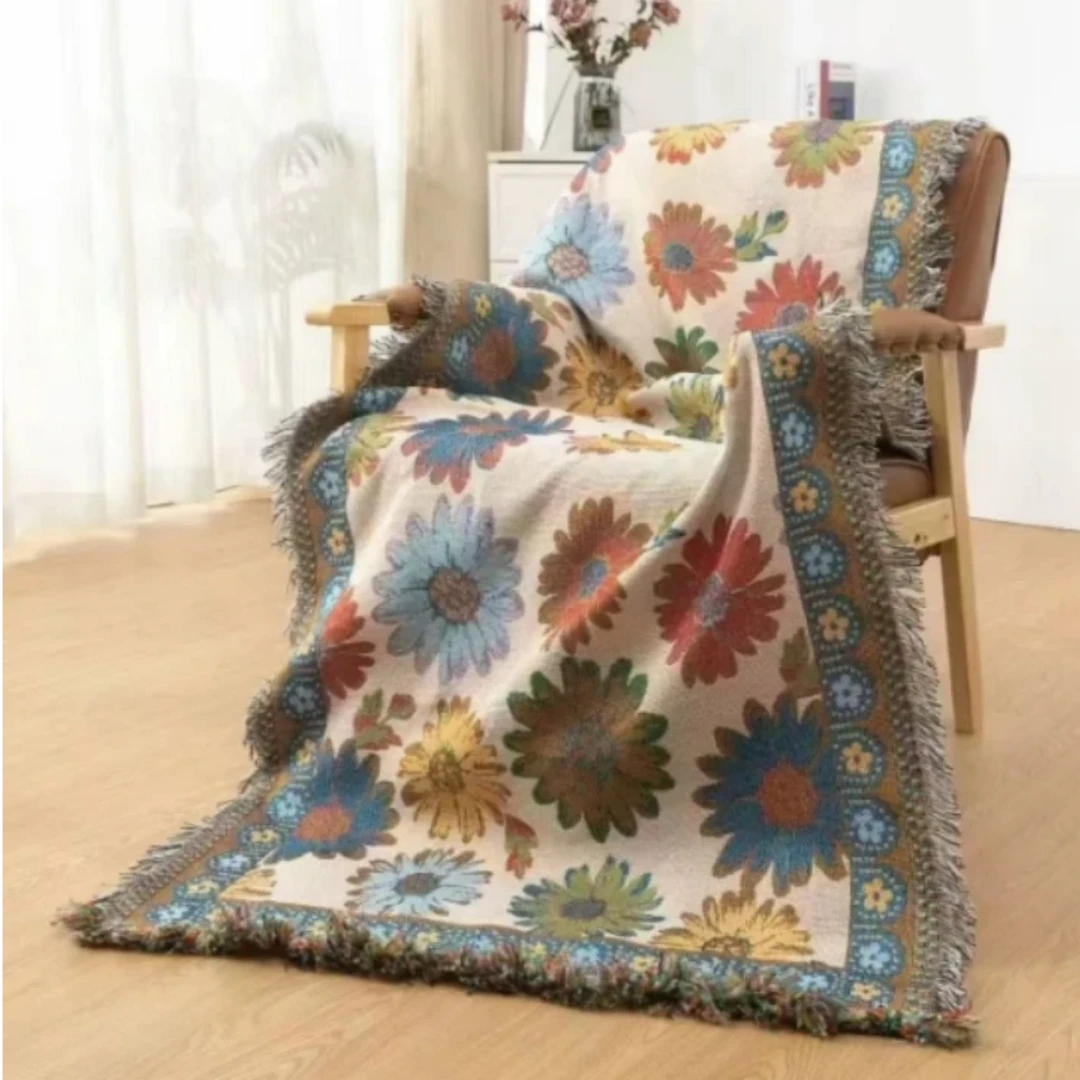 【太阳花】90*180多功能复古斜纹编织流苏沙发巾