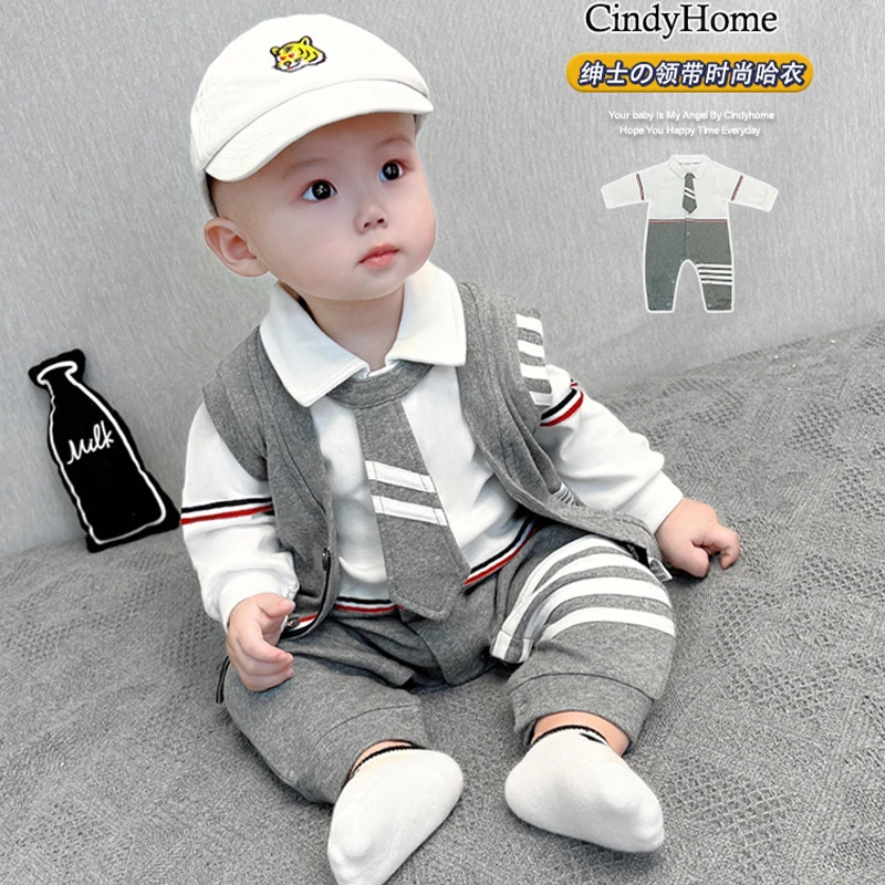 宝宝春秋纯棉洋气拼接连体衣领带爬服哈衣背心外套婴儿新生儿衣服