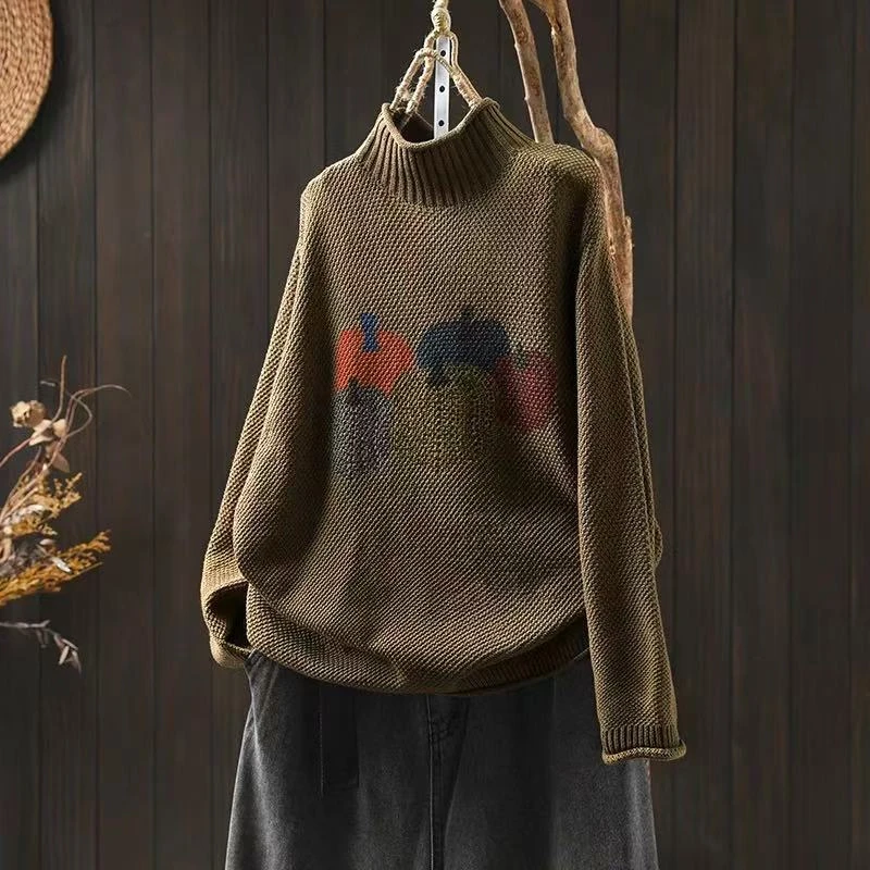 复古新半高领长袖针织衫女士打底衫内搭红色上衣秋冬新款宽松毛衣