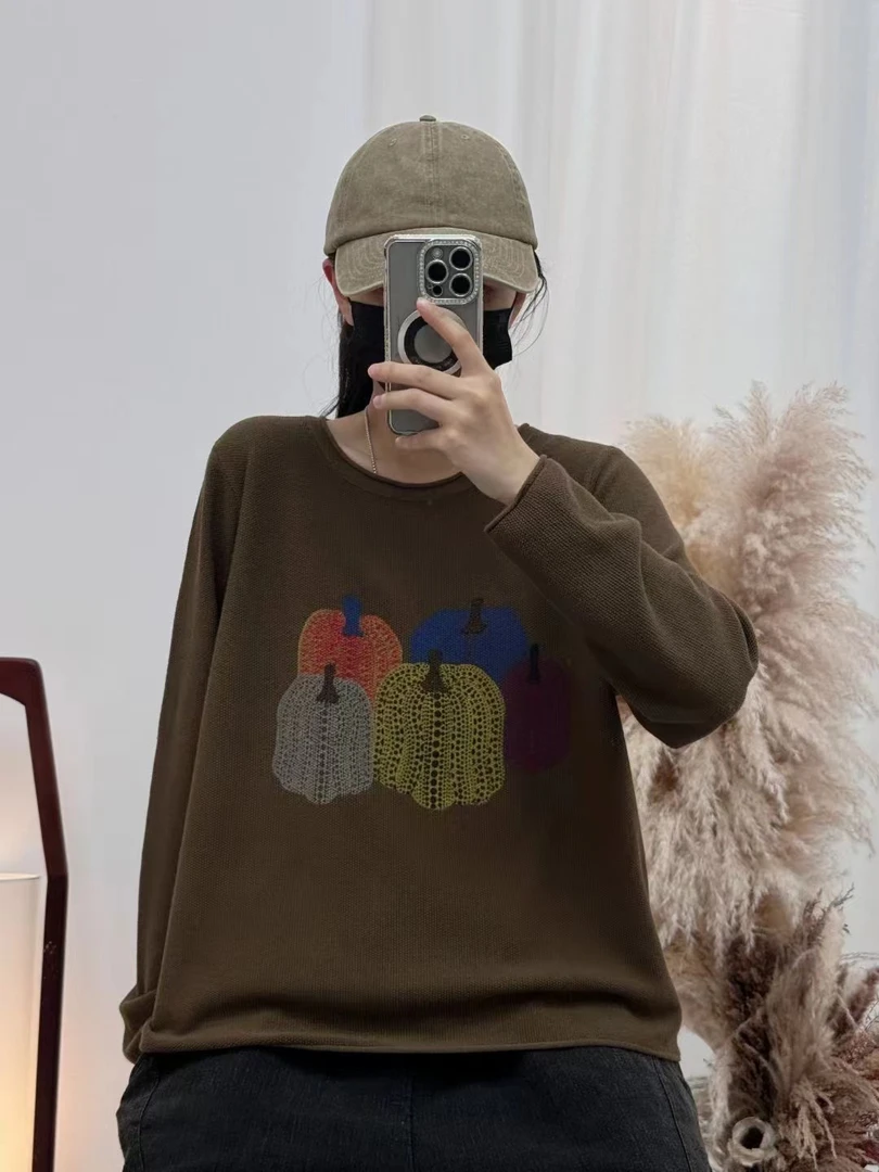 早秋长袖针织衫女2024新款宽松显瘦五福南瓜毛衣休闲百搭圆领上衣