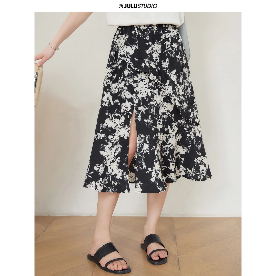 巨鹿工作室“古墨梨花涧”微胖mm新中式复古印花开衩半身裙松紧腰