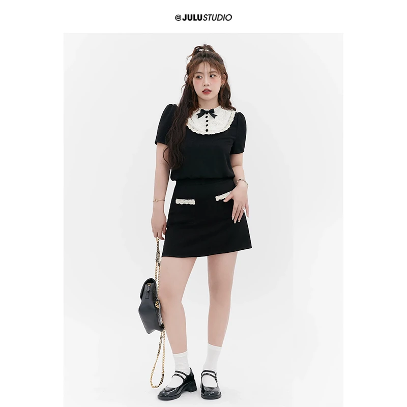 巨鹿工作室“私立校花“微胖mm甜美miu系风夏贵气套装撞色上衣半裙