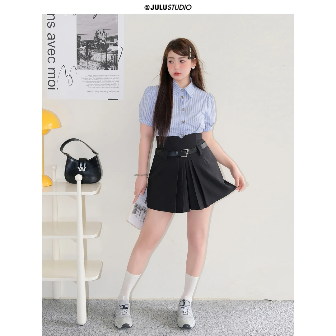 MIU系女孩 巨鹿工作室微胖mm甜辣上衣条纹衬衫半身裙套装