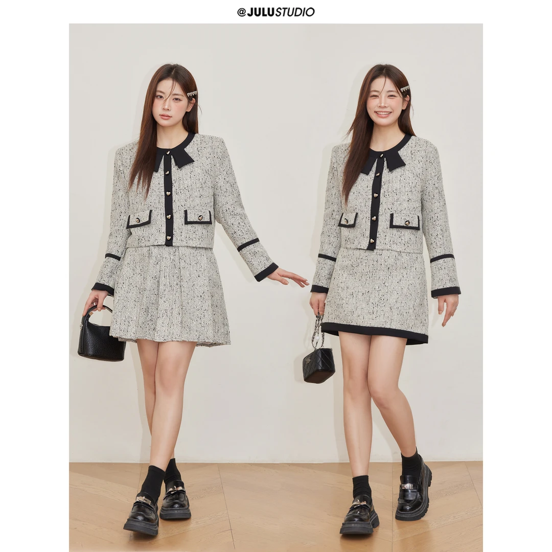 巨鹿工作室【现货】“菲林日记”微胖mm小香风圆领上衣百褶裙套装