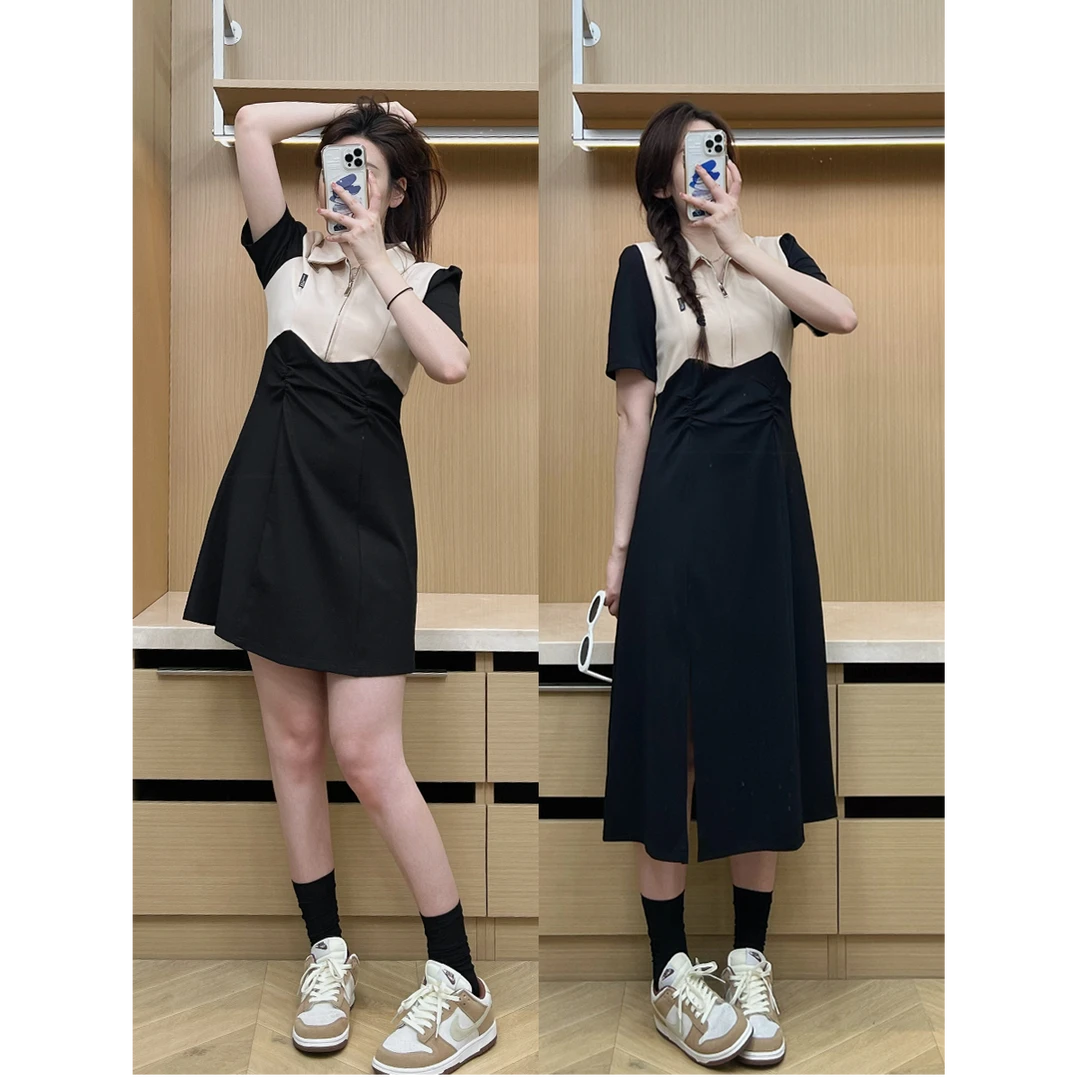 加州甜豆 巨鹿工作室微胖mm夏季设计感拼接显瘦遮胯长短连衣裙